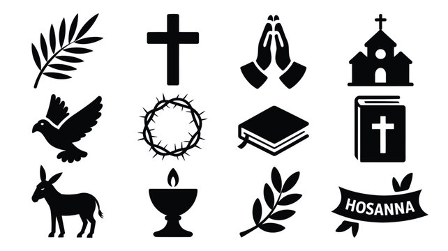 Palm sunday logo bundle with religious symbols icons and text black silhouettes on white background for easter and holy week celebrations worship and faith concepts