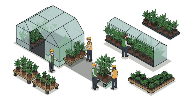 isometric greenhouse with workers planting and transporting potted plants hand drawn vector illustration set