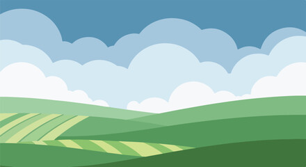 Obraz premium A stylized illustration featuring rolling green hills under a cloudy sky