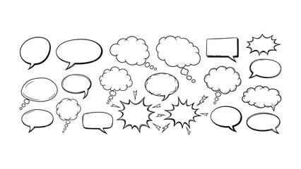 Speaking of Dialogue: A collection of various hand-drawn speech bubbles and thought bubbles. These minimalistic illustration embodies the essence of communication.