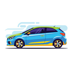 Obraz premium A stylized illustration of a blue, two-door vehicle with green accents