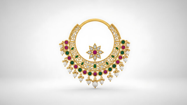 Traditional Gold Nath with Pearls and Emeralds - Indian Nose Ring Jewelry