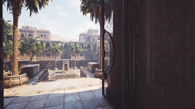 Ornate archway frames quiet market entrance, conservator imagined cleaning carved lattice, morning sunlight filtering through patterned screen, tiled threshold