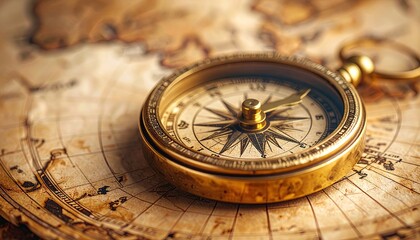 A vintage brass compass rests on a faded map, ready for navigation