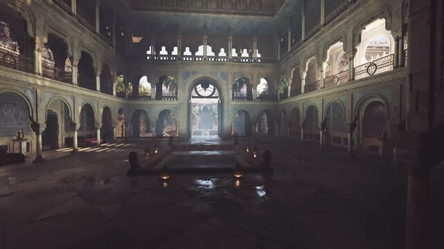 Dim historic hall with central fountain, soft lamp glow, carved balconies and echoing arches conservation survey preparing fragile relics, cinematic moody