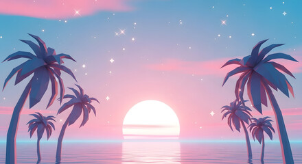 Fototapeta premium Low poly palm trees at sunset over ocean with retro sky