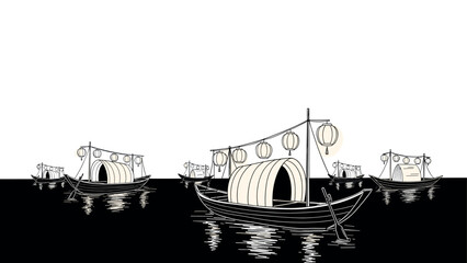 Fototapeta premium traditional asian boats with lanterns on water hand drawn black and white illustration