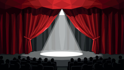 Fototapeta na wymiar empty theater stage with red curtains spotlight and silhouette audience in flat style for performance and entertainment