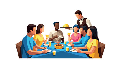 Obraz premium group of people having dinner with waiter serving food hand drawn low poly style