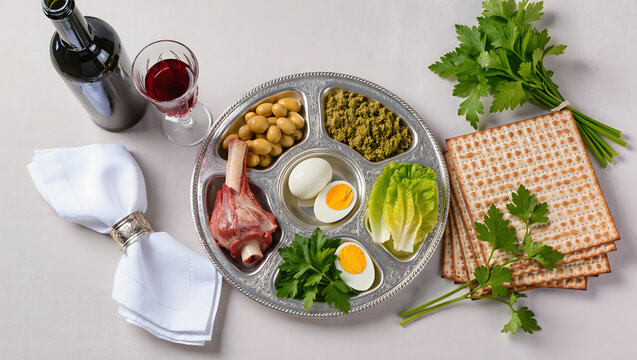 Traditional Passover Seder Plate with Matzah, Red Wine, Shank Bone, Egg, and Herbs on White Table