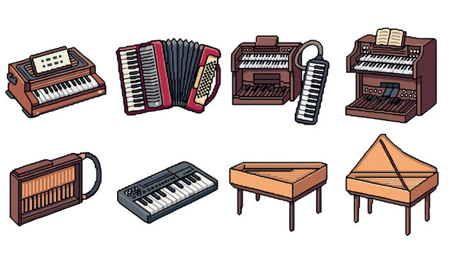 hand drawn collection of vintage and modern musical keyboard instruments illustration
