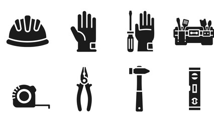 Fototapeta premium construction tools and safety gear icon set in solid black silhouette style for building and repair