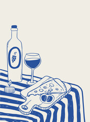 Naklejka premium Retro wine and appetizers poster, banner, print in freehand technique, monochrome wall art decor. EPS 10