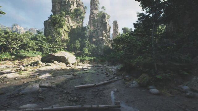 Midday karst pass with bright overhead sun and wide rocky flats, flat expanses of textured stone and scattered boulders, stark shadow patterns and warm air