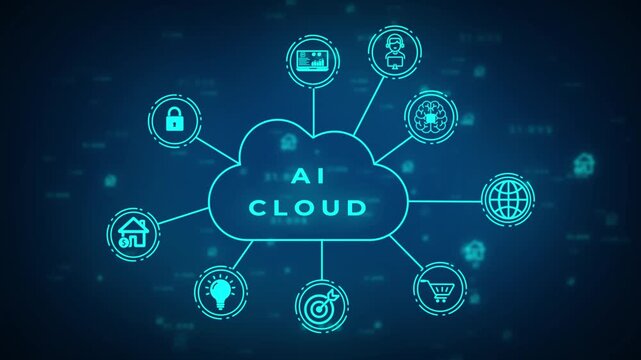 A glowing neon blue cloud symbolizing artificial intelligence in cloud computing with AI inside connected to digital for data analysis user management and network nodes on a dark blue digital