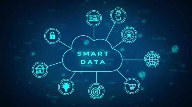 A bright neon blue cloud representing smart data in cloud computing with the word SMARTDATA inside connected to digital for data analysis user profiles and network nodes on a dark blue