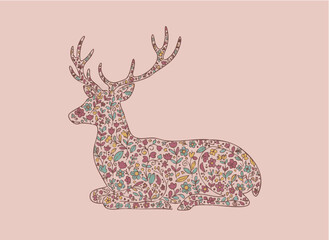 Deer with Floral Pattern in Whimsical Style with Pastel Colors on Soft Background for Nature Illustration