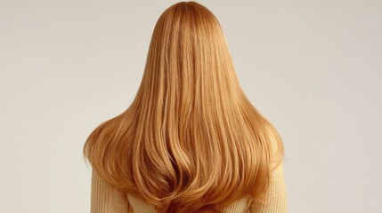 Fototapeta premium Back view of a woman with long silky straight blonde hair on a neutral background, hair care concept, professional salon results, healthy hairstyle.