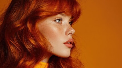 Fototapeta premium Side view of a beautiful young woman with long ginger hair and freckles in warm studio lighting, ginger hair style, beauty and skincare, autumn aesthetic.