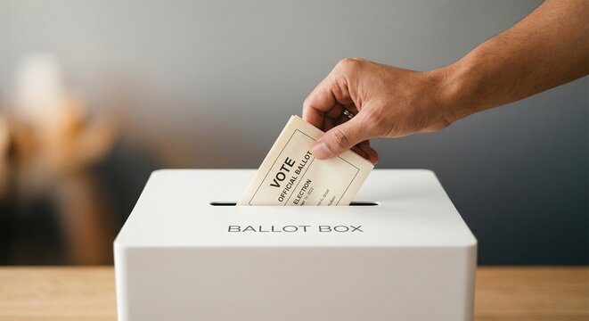 A person casts a vote by inserting a ballot into a white box on a table indoors.