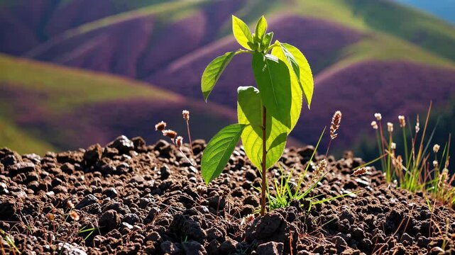 Green plant sprout growing in soil. Young seedling with colorful hills background. Ecology concept