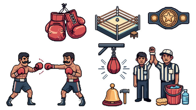 boxing match scene with hand drawn boxers gloves ring punching bag referee and championship belt illustration