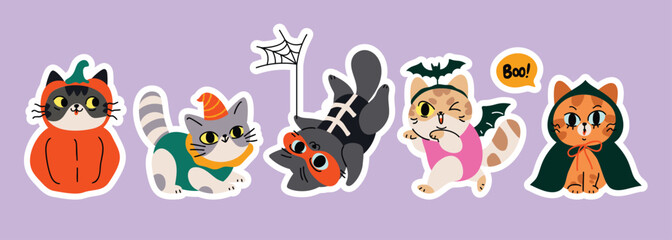 Obraz premium Halloween cat sticker set vector illustration with cute kittens in costumes and pumpkins. Hand drawn playful design for stickers, greeting card, party invitation, and social media.