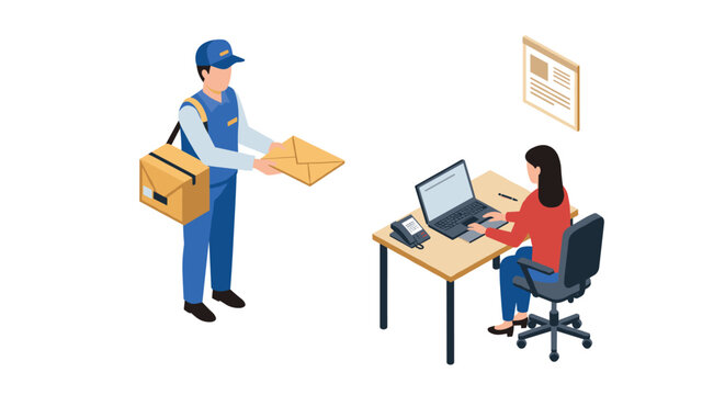 isometric mailman delivering parcel to woman working on laptop at office desk modern vector illustration