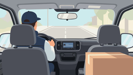 man driving car with a delivery package in the front seat illustration