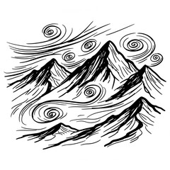 A stylized black and white vector illustration of mountains with swirling winds