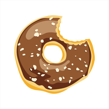 Flat vector illustration of bitten chocolate glazed donut with sprinkles, cute dessert with bite mark isolated on white background for menu and food blog design.