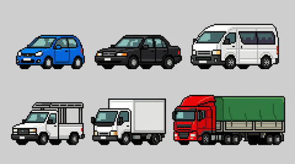Pixel Art Vehicle Set &ndash; Cars, Vans, Trucks, Transportation