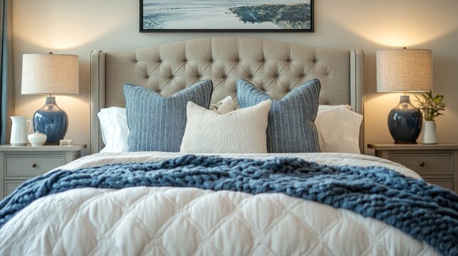 A cosy bedroom with a bedside table, lamps and a soft bedspread emphasises home comfort and is ideal as a backdrop for advertising furniture or textiles.