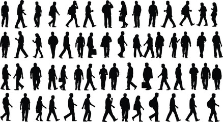 Naklejka premium Set of walking people silhouettes, diverse crowd of men and women, urban pedestrians, architectural scale figures, isolated.