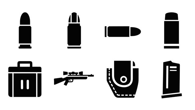 black silhouette bullet and rifle weapon icon set with ammo box and holster