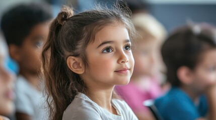 Obraz premium Young girl paying close attention to the teacher during a lesson, sitting with classmates in a learning environment
