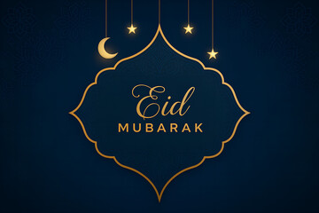 Eid mubarak greeting card with golden crescent moon and stars on dark blue background for islamic holiday celebration