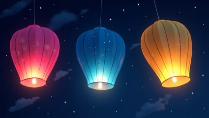 Fototapeta premium Pink blue orange lanterns glowing in starry night sky stars