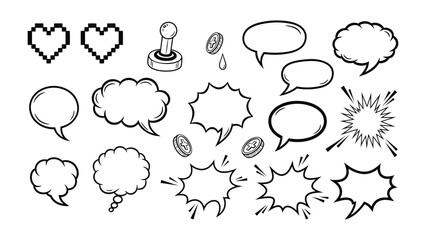 Digital Comic elements collection: a dynamic ensemble of elements for graphic storytelling, including various speech bubbles, a retro joystick and pixelated hearts. © Abu