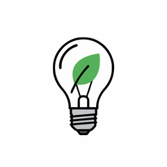 Simple illustration of a light bulb with a green leaf inside representing ecological innovation and sustainable energy solutions on a white background