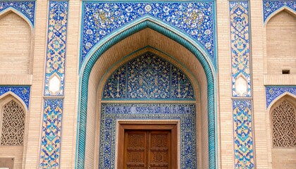 Obraz premium Ornate blue and gold Islamic archway with wooden door