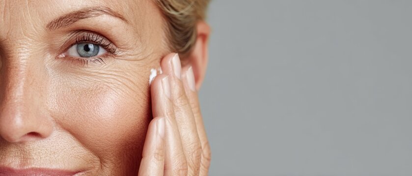 Close up of beautiful mature 50s mid aged woman applying anti-aging cream to cheek. Portrait of middle aged lady with wrinkles using moisturizer. Healthy face skin care beauty