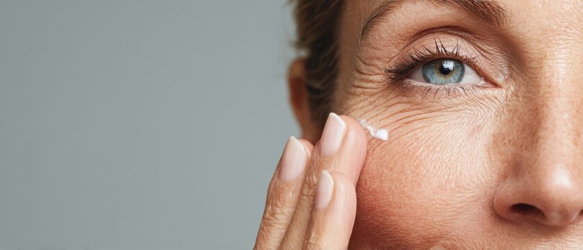 Mature woman applying anti-aging cream to wrinkles under eye