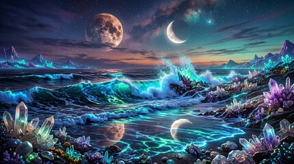 Mystical Celestial Landscape Featuring Glowing Crystals, Ocean and Cosmic Bodies at Night