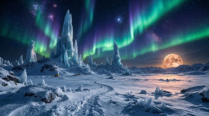 Majestic Frozen Landscape with Aurora Borealis and Full Moon over Snowy Terrain