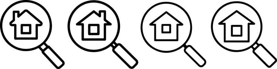 Real estate search icon collection with house inside magnifying glass representing property hunting home finding and mortgage research for residential buy