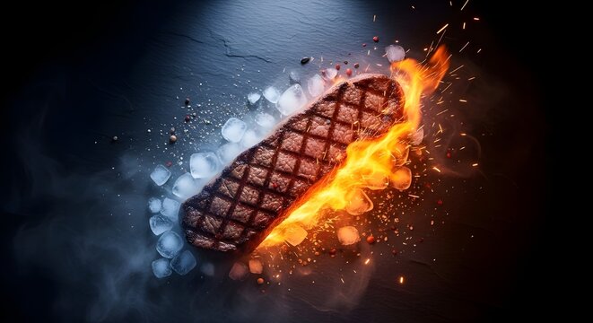 Grilled steak on fire with ice cubes contrasting temperatures