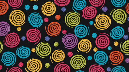 Fototapeta premium Vibrant seamless pattern with colorful hand-drawn spirals and dots over a solid black background for high contrast.