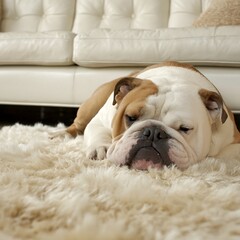 A serene bulldog slumbering deeply on a plush cream rug, enjoying peaceful domestic tranquility