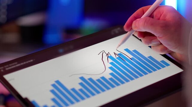Tablet stylus bar chart upward trend growth. Blue histogram columns rising curve positive performance revenue increase business analytics financial statistics data visualization corporate strategy